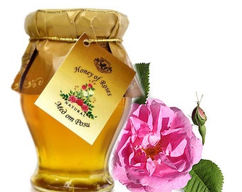 Aromatic Rose Honey with Bulgarian Damascene Rose Oil, for cakes, drinks sweetener, flavoring sauces