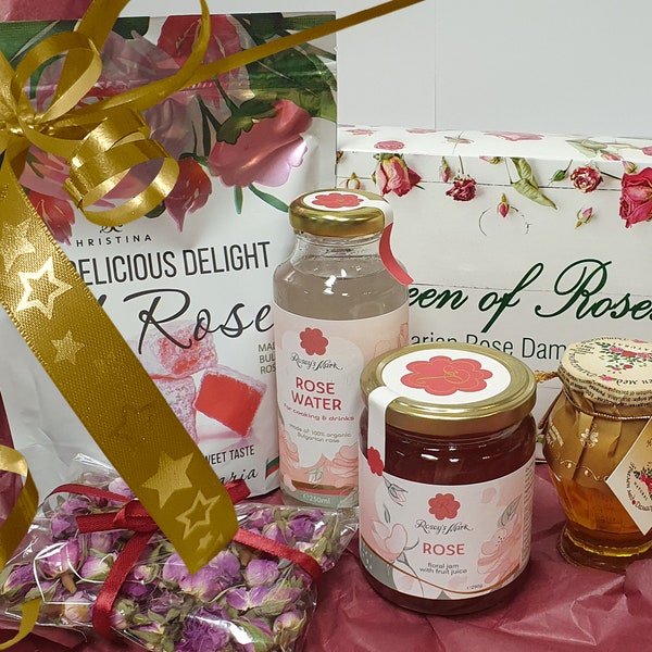 Gift box Gourmet Roses - rose jam, honey with rose oil, rose sweets, rose tea and rose water for cooking drinking