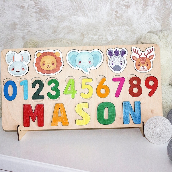 Animals baby name puzzle Toddlers puzzle with pegs Wooden name puzzle Custom kids montessori board Unigue baby sensory board Christmas gift
