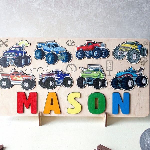Kinder Monster Auto Puzzle, Geburtstagsgeschenk, Holz Kleinkinder Spielzeug, Weihnachtsgeschenk für Jungen, Baby-Dusche, Holz Montessori Spielzeug, Kinderzimmer Dekor