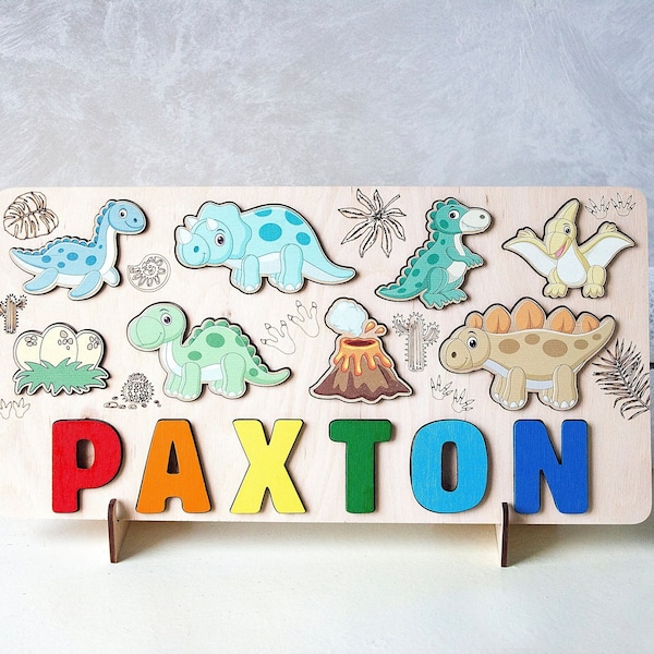 Dinosaur Name Puzzle, Toddler Toys, Dino Nursery Decor, Birthday Gifts, Christmas Gifts, Personalized Baby Puzzle with Pegs Baby Shower