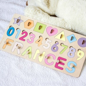 Name Puzzle with Pegs, Montessori Custom Gifts For Kids, Christmas Gift,  3 Birthday Gift, Baby busy board, Shapes and Numbers Puzzle