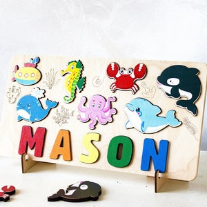 Rompecabezas de nombres de animales del océano, Regalo personalizado para bebés, Decoración de guardería, Tablero de rompecabezas marino, Juguetes montessori de madera