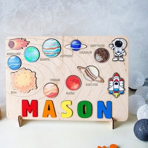 Wooden space name puzzle Personalized solar system baby boy gift 1st 2nd 3rd Birthday gift Educational toy with planets Toddler name puzzle image 3