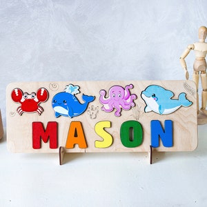 Rompecabezas de nombre de madera, regalo personalizado para niños, baby shower en el océano, rompecabezas para niños pequeños de animales marinos, regalo personalizado para niña o niño, decoración de guardería