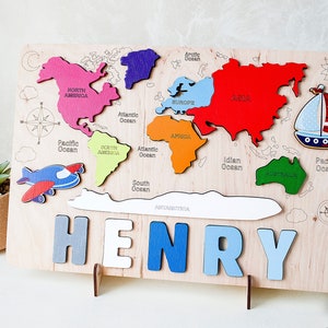 World map baby name puzzle, Birthday gift Children toy, Personalized toddler name puzzle, Kids wood puzzle, Montessori toys