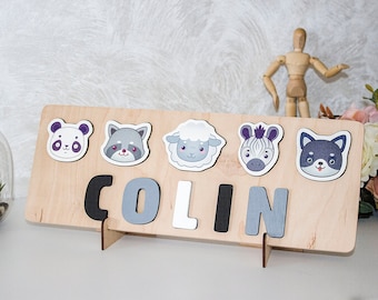 Casse-tête prénom bébé garçon, cadeau d'anniversaire 1 2 3 ans, puzzle d'animaux de safari, cadeau de baby shower, jouets Montessori, cadeau de premier anniversaire, nouveau cadeau de Noël