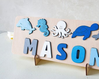 Sea animals baby name puzzle, Nautical nursery decor, Personalized birthday gift, Kids ocean puzzle, Montessori busy board, Baby shower gift