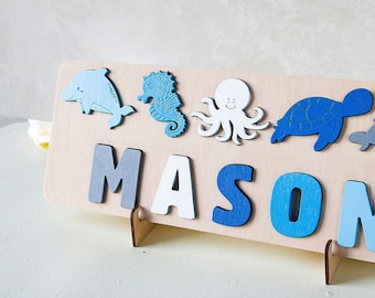 Sea animals baby name puzzle, Nautical nursery decor, Personalized birthday gift, Kids ocean puzzle, Montessori busy board, Baby shower gift