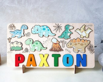 Personalized dinosaur gift Baby name puzzle Wooden kids toy Birthday gift Toddlers name puzzle with pegs Baptism gift for boy