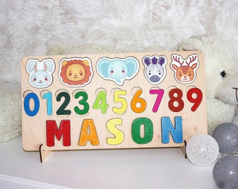 Animals baby name puzzle Toddlers puzzle with pegs Wooden name puzzle Custom kids montessori board Unigue baby sensory board Christmas gift