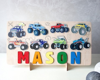 Rompecabezas de coches monstruos para niños, regalo de cumpleaños, juguetes de madera para niños pequeños, regalo de Navidad para niños, baby shower, juguetes Montessori de madera, decoración de guardería