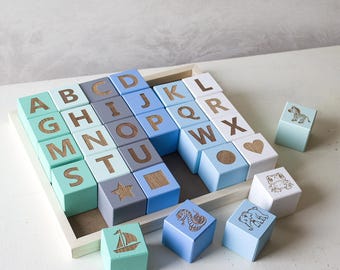 Baby Shower Gift, 30 Alphabet and Animal Blocks, Custom Wooden Baby Alphabet Block Set, Children's ABC Blocks, ABC Wood Blocks
