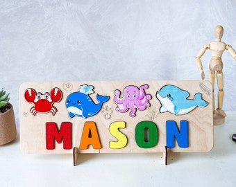 Wooden Name Puzzle, Personalized Children Gift, Ocean Baby Shower,  Sea Animals Toddler Puzzle,  Custom for Girl or Boy Gift, Nursery Decor