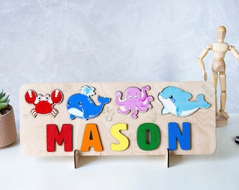 Wooden Name Puzzle, Ocean Animals, Personalized Baby Gift