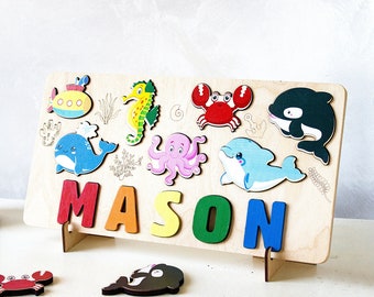 Ocean animals name puzzle, Personalized baby gift, Nursery decor, Sea puzzle board, Wood montessori toys