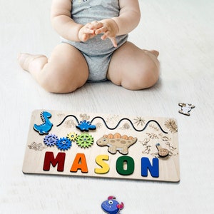 Dinosaur Montessori Puzzle Board, Personalized Baby Name Puzzle, Wooden Busy Board, Shower Gift, First Christmas Gift, Sensory Activity Toys image 2