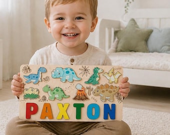 Quebra-cabeça com nome de dinossauro: presente de madeira personalizado para crianças