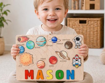 Solar System Name Puzzle, Personalized Wooden Space Puzzle for Baby Boy, Montessori Educational Gift, Toddler name puzzle, Birthday gift