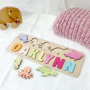 Rompecabezas con nombre personalizado, juguete Montessori de madera para niños del mar