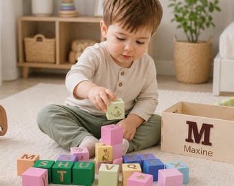 Handcrafted Wood Building Blocks, Colorful Nursery Decor, Personalized Box