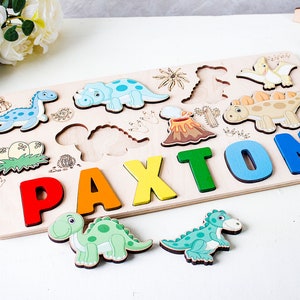 Dinosaur Baby Name Puzzle, Christmas Gifts, Dino Nursery Decor, Birthday Gifts, Personalized Baby Puzzle with Pegs, Baby Shower Gift