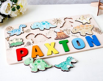 Dinosaur Baby Name Puzzle, Christmas Gifts, Dino Nursery Decor, Birthday Gifts, Personalized Baby Puzzle with Pegs, Baby Shower Gift