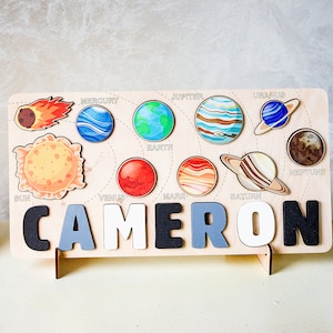 Wooden space name puzzle Personalized solar system baby boy gift 1st 2nd 3rd Birthday gift Educational toy with planets Toddler name puzzle image 4