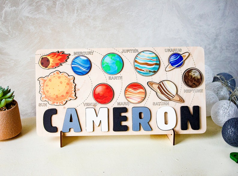 Wooden space name puzzle Personalized solar system baby boy gift 1st 2nd 3rd Birthday gift Educational toy with planets Toddler name puzzle image 4