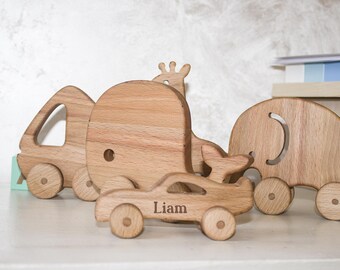 Personalized Wood Car Toy For Boys, Custom Baby Gift For Kids, Wooden Elephant Toy With Child&#39;s Name, First Christmas Gift, Wooden Whale