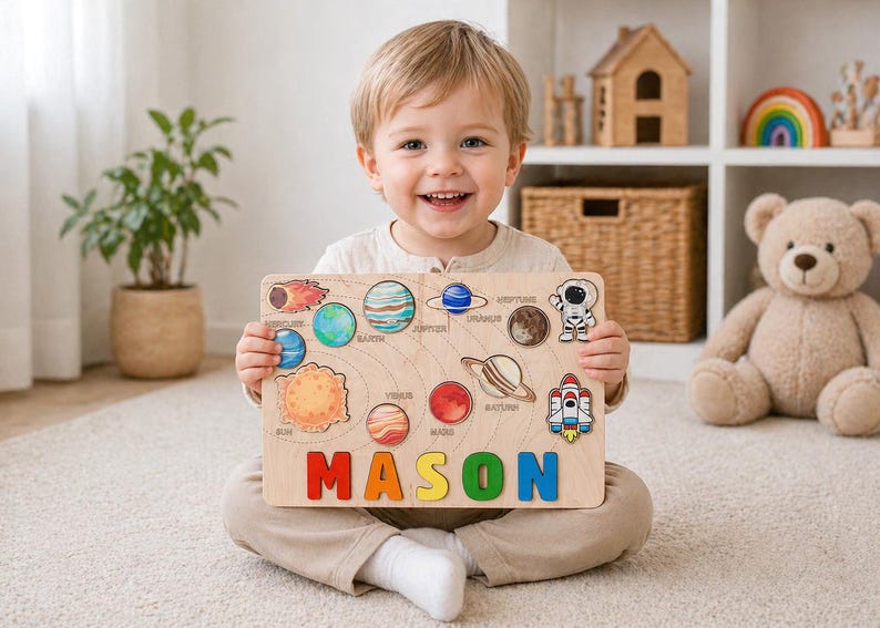 May include: Wooden solar system puzzle with colorful planets, an astronaut, and a rocket. The name "MASON" is spelled out in bright, individual letters. The puzzle is held by a smiling child.
Solar System Baby Name Puzzle
