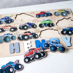 Kinder Monster Auto Puzzle, Geburtstagsgeschenk, Holz Kleinkinder Spielzeug, Weihnachtsgeschenk für Jungen, Baby-Dusche, Holz Montessori Spielzeug, Kinderzimmer Dekor Bild 3