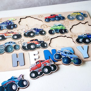 Baby Monster Auto Namenspuzzle, Geburtstagsgeschenk, LKW Puzzle, Holz Kleinkind Spielzeug, Weihnachtsgeschenk Junge, Babyparty, Holzspielzeug, Kinderzimmer Dekor