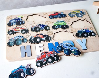 Truck Car Baby Name Puzzle, Personalized Gift Baby, Wooden Kids Puzzle, Baptism Gift for Boy, Christmas Gift, Birthday Gift, Nursery Decor