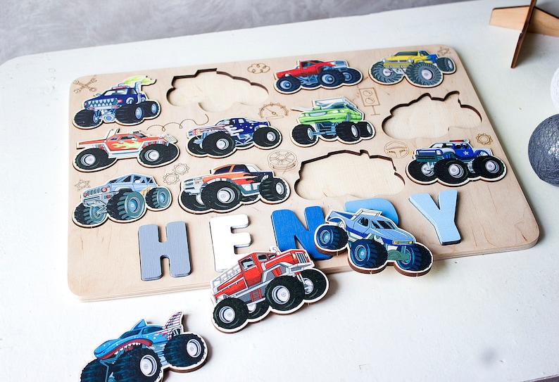 Kinder Monster Auto Puzzle, Geburtstagsgeschenk, Holz Kleinkinder Spielzeug, Weihnachtsgeschenk für Jungen, Baby-Dusche, Holz Montessori Spielzeug, Kinderzimmer Dekor Bild 3
