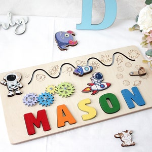 Dinosaur Montessori Puzzle Board, Personalized Baby Name Puzzle, Wooden Busy Board, Shower Gift, First Christmas Gift, Sensory Activity Toys image 6