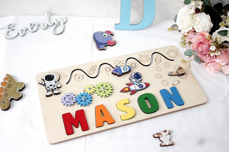 Dinosaur Montessori Puzzle Board, Personalized Baby Name Puzzle, Wooden Busy Board, Shower Gift, First Christmas Gift, Sensory Activity Toys image 6