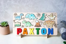 Personalized dinosaur Baby name puzzle Wooden kids toy Birthday Toddlers name puzzle with pegs Baptism for boy