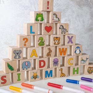ABC Blocks Baby Shower for Paint Wooden Baby Block Set 30 Alphabet and Animal Blocks Baby Shower Gift, Block Painting Baby Shower