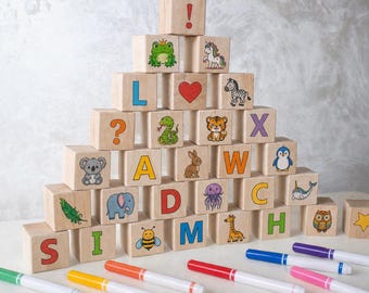Ensemble de 30 blocs alphabet et animaux pour baby shower à peindre en bois, cadeau de baby shower, blocs de peinture pour baby shower
