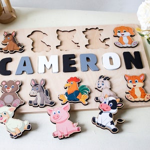 Baby Name Puzzle, Birthday Gifts, Personalized Toddler Gift, New Baby Girl or Boy Gift, Wooden Animals, Montessori Toys, Nursery Name Sign