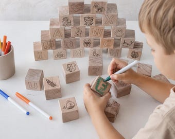 DIY Baby Shower Gift, Paint Your Own ABC Blocks, Baby Shower Gift, 30 Wooden Alphabet & Animal Cubes, Personalized Box for Wooden Blocks