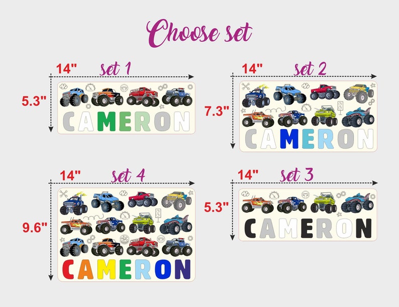 Kids Monster Car Puzzle, Birthday Gift, Wood Toddlers Toys, Christmas Gift for Boy, Baby Shower, Wood Montessori Toys, Nursery Decor Set 3