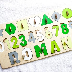 Custom Name Puzzle for Toddlers, First Birthday Gift, Nursery Decor, Wooden Toys, New Baby Girl or Boy Gift, Shapes and Numbers Kids Puzzle