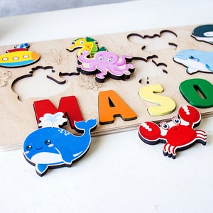 Rompecabezas de madera con nombre del mar, nuevo regalo para niña o niño, juguetes personalizados para niños pequeños, regalo de cumpleaños personalizado para niños, baby shower