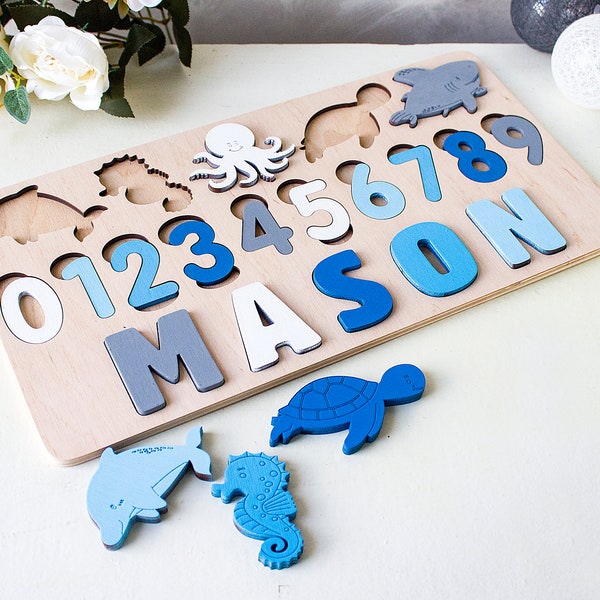 Sea Wooden Name Puzzle, Personalized Montessori Toys for Toddler, Gift Baby Boy Puzzle, Custom Gift for Kids, Sea Baby Shower