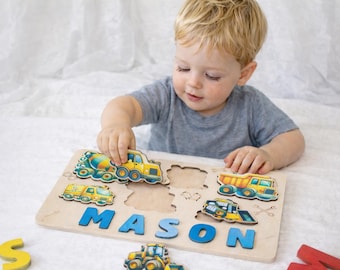 Cars Boy Name Puzzle, Toddlers Birthday Gift, Kids Construction Vehicles Puzzle, Christmas Gift for Boy, 1 2 3 Birthday Gift, Busy Board