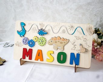 Personalized Dinosaur Name Puzzle, Montessori Wooden Sensory Toy