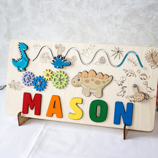 Casse-tête Montessori dinosaure, casse-tête personnalisé nom de bébé, planche occupée en bois, cadeau de douche, premier cadeau de Noël, jouets sensoriels