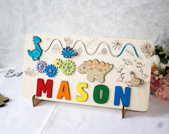 Casse-tête Montessori dinosaure, casse-tête personnalisé nom de bébé, planche occupée en bois, cadeau de douche, premier cadeau de Noël, jouets sensoriels